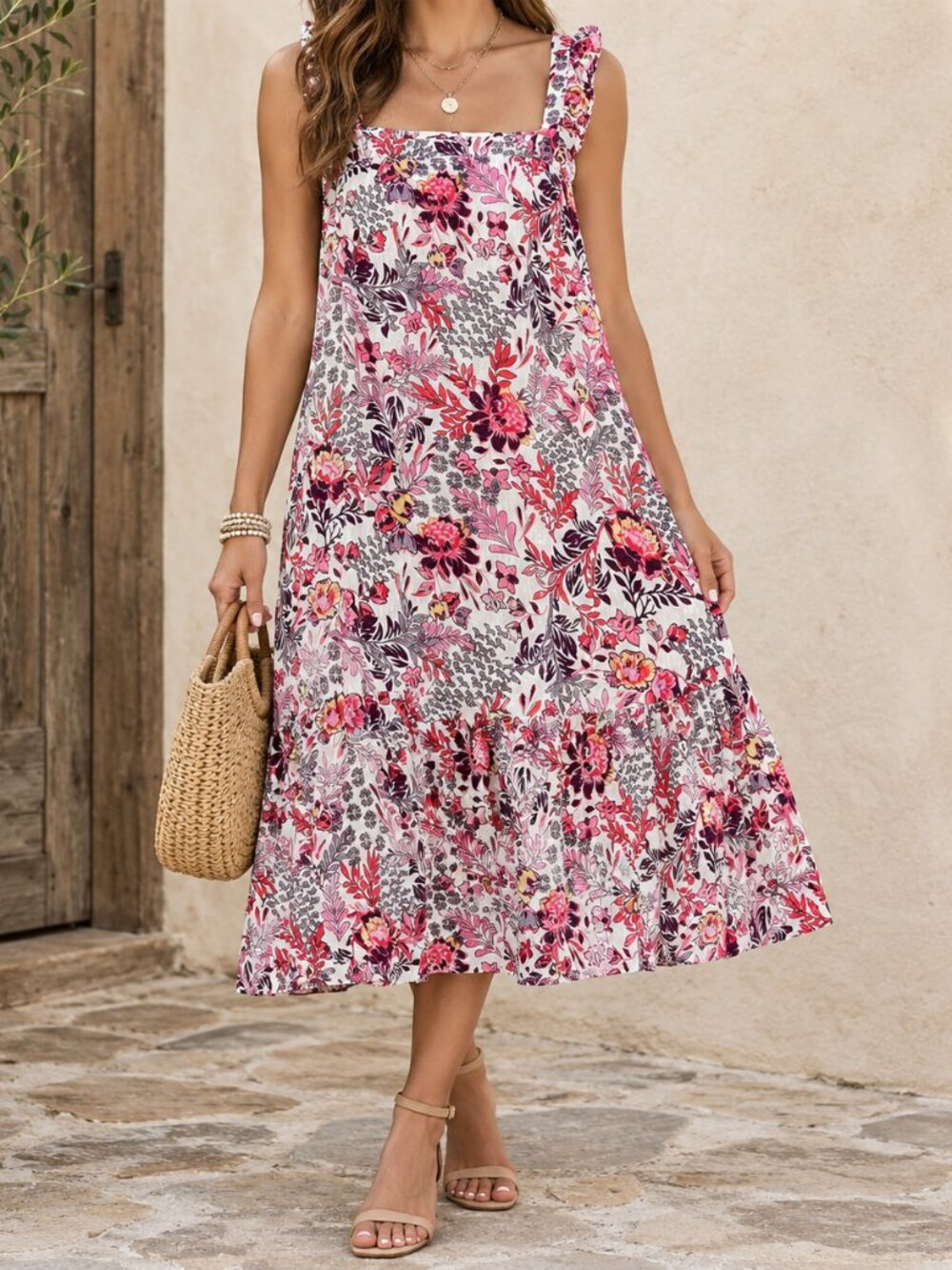 Knox Rose Floral Boho Midi Dress Size XXL Pink Red Tiered Flowy Dress Pockets